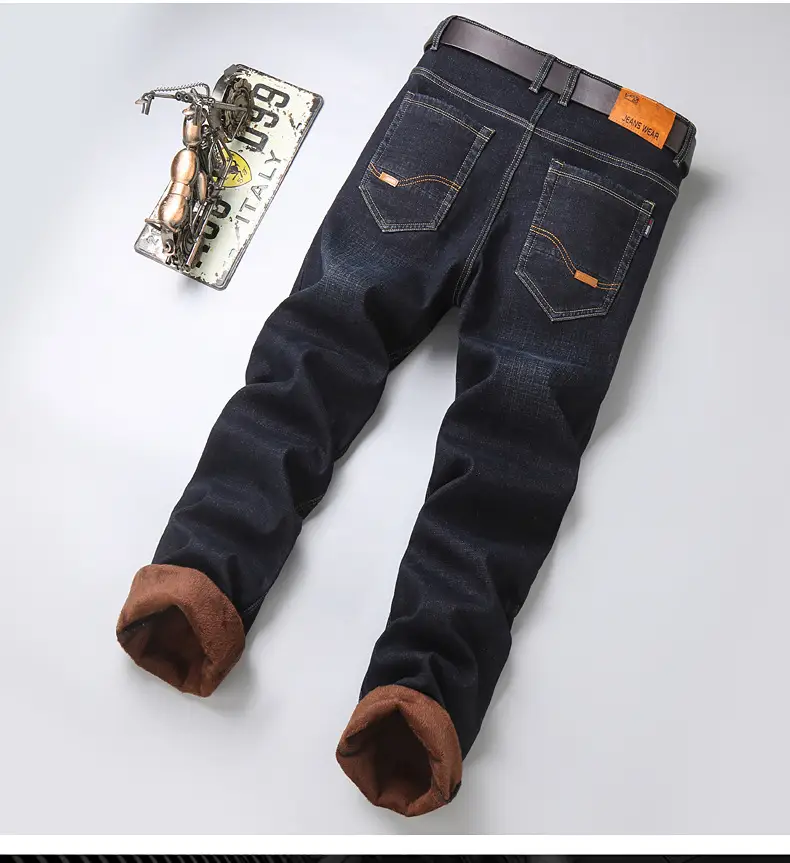 Men Fleece Lined Cold Proof Jeans Blue Brown — feature 13