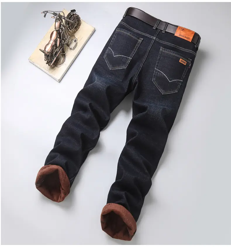 Men Fleece Lined Cold Proof Jeans Blue Brown — feature 5