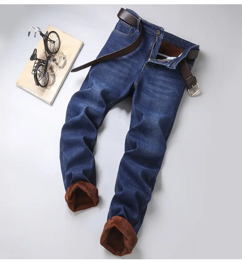 Men Fleece Lined Cold Proof Jeans Blue Brown — feature 6