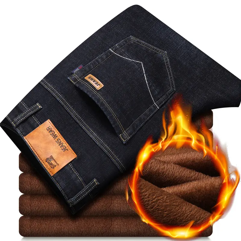Men Fleece Lined Cold Proof Jeans Blue Brown - Image 10