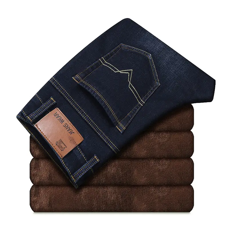 Men Fleece Lined Cold Proof Jeans Blue Brown - Image 2