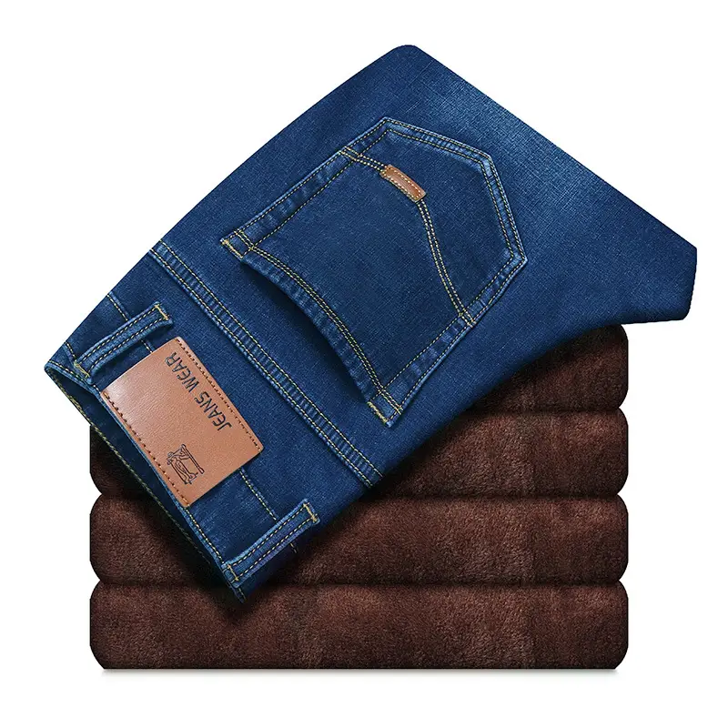 Men Fleece Lined Cold Proof Jeans Blue Brown - Image 3