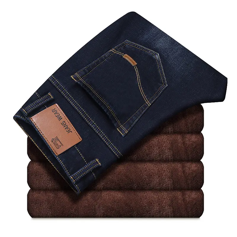 Men Fleece Lined Cold Proof Jeans Blue Brown - Image 4
