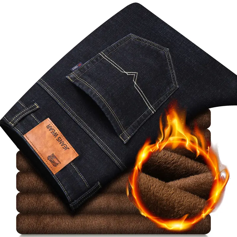Men Fleece Lined Cold Proof Jeans Blue Brown - Image 6