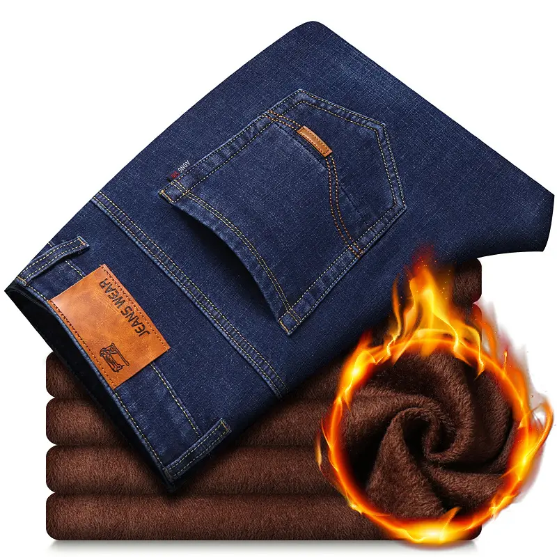 Men Fleece Lined Cold Proof Jeans Blue Brown - Image 7