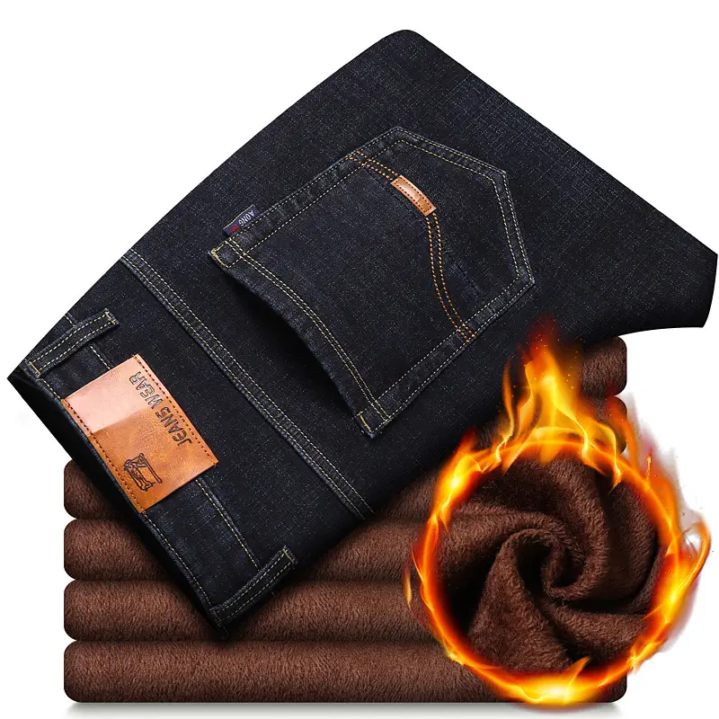 Men Fleece Lined Cold Proof Jeans Blue Brown - Image 8