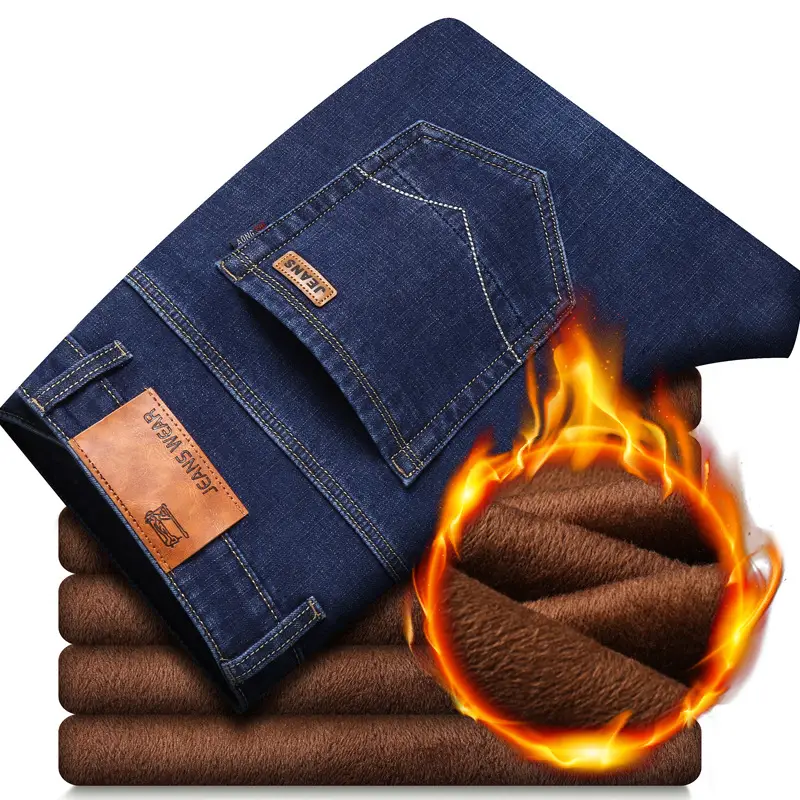 Men Fleece Lined Cold Proof Jeans Blue Brown - Image 9