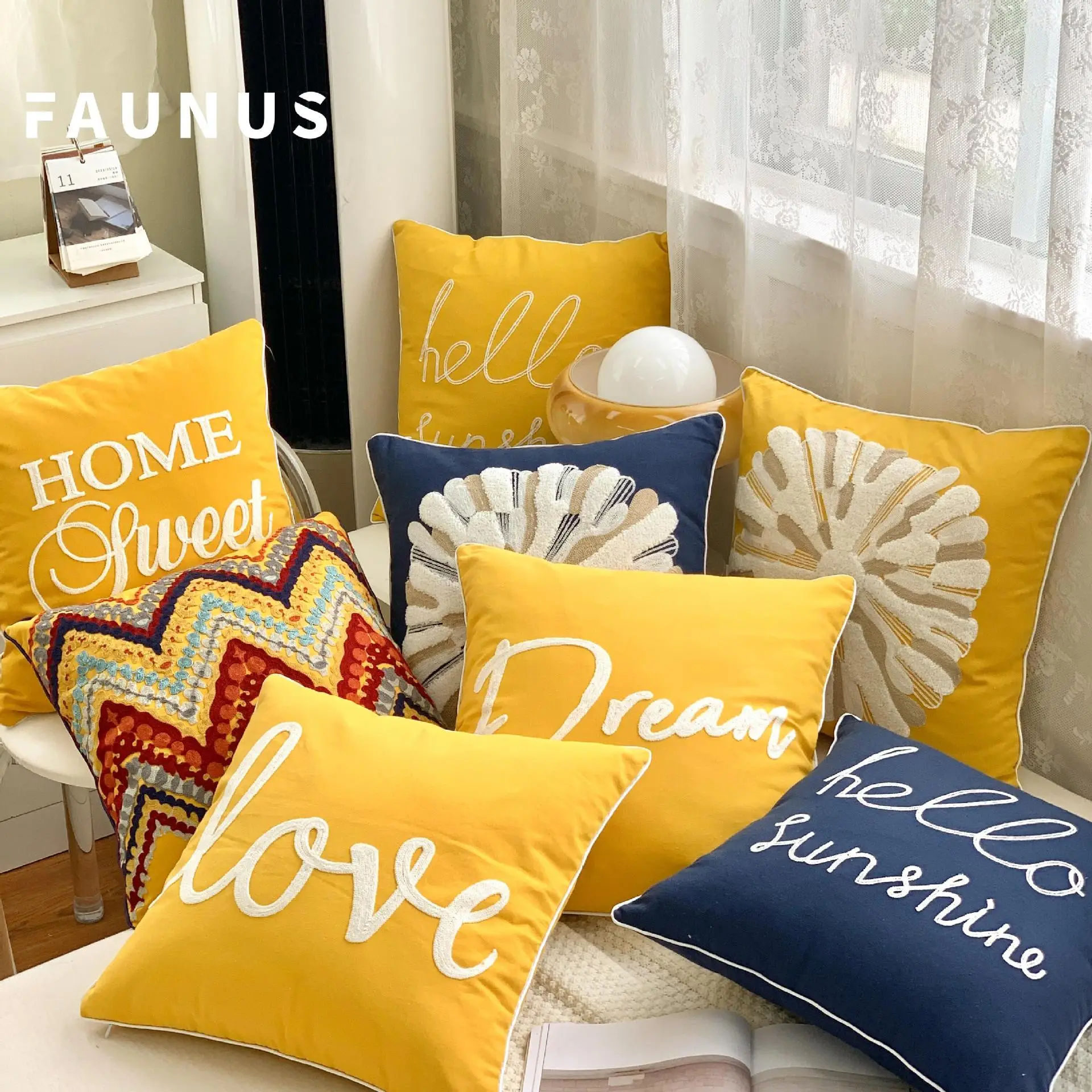 Scandinavian Letter Embroidered Pillow Set Yellow Blue - Image 11