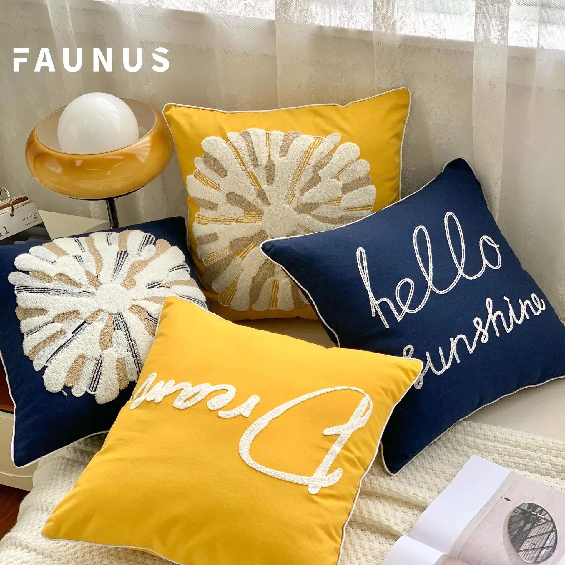 Scandinavian Letter Embroidered Pillow Set Yellow Blue - Image 12