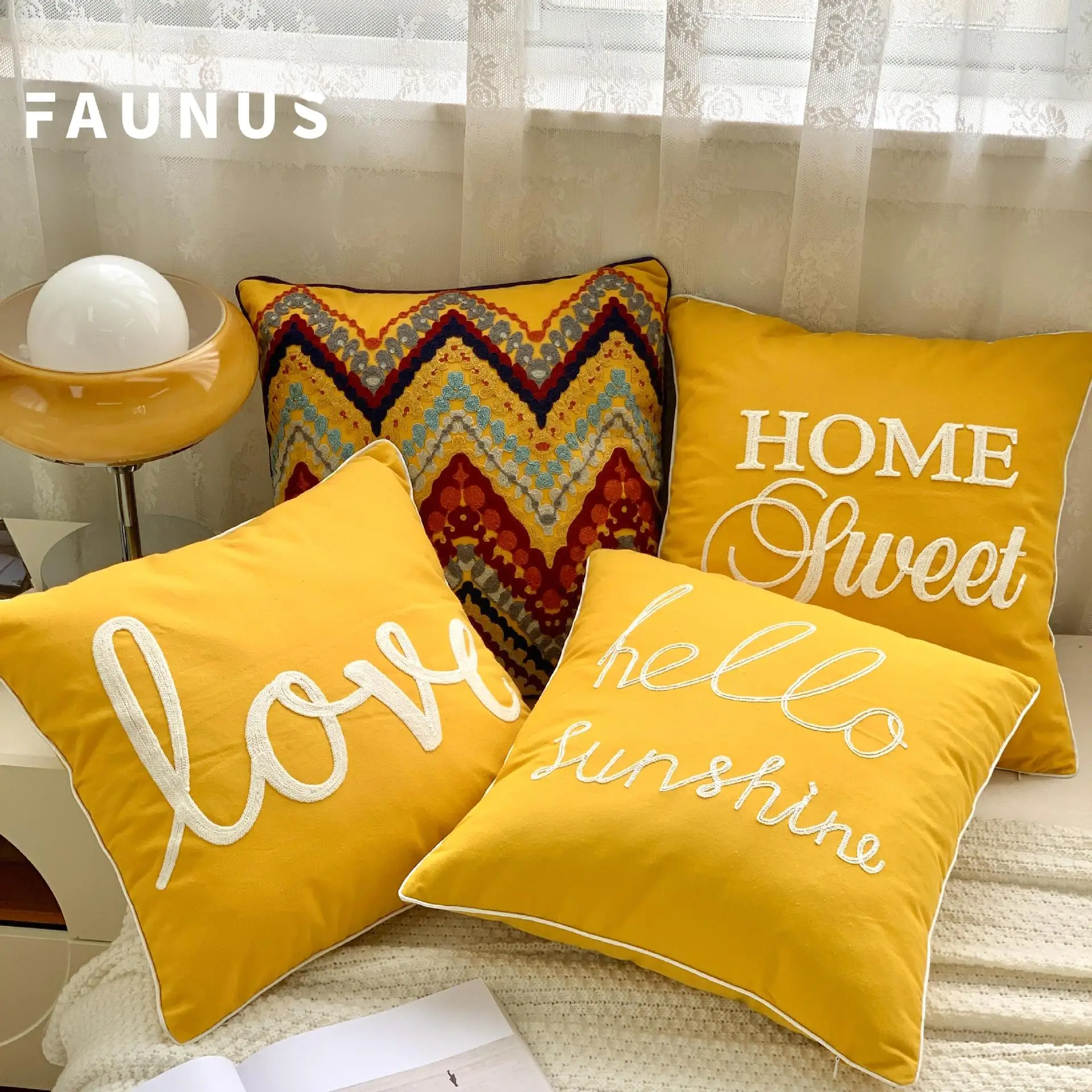 Scandinavian Letter Embroidered Pillow Set Yellow Blue - Image 13
