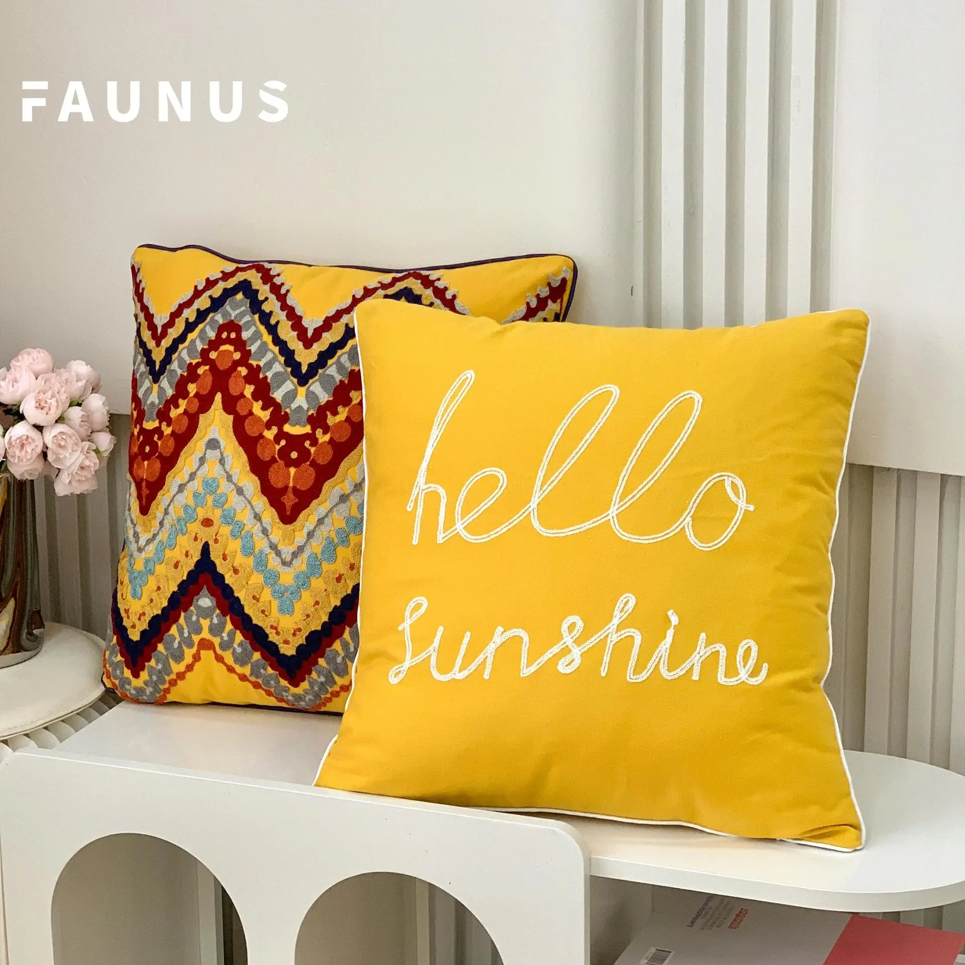 Scandinavian Letter Embroidered Pillow Set Yellow Blue β feature 11