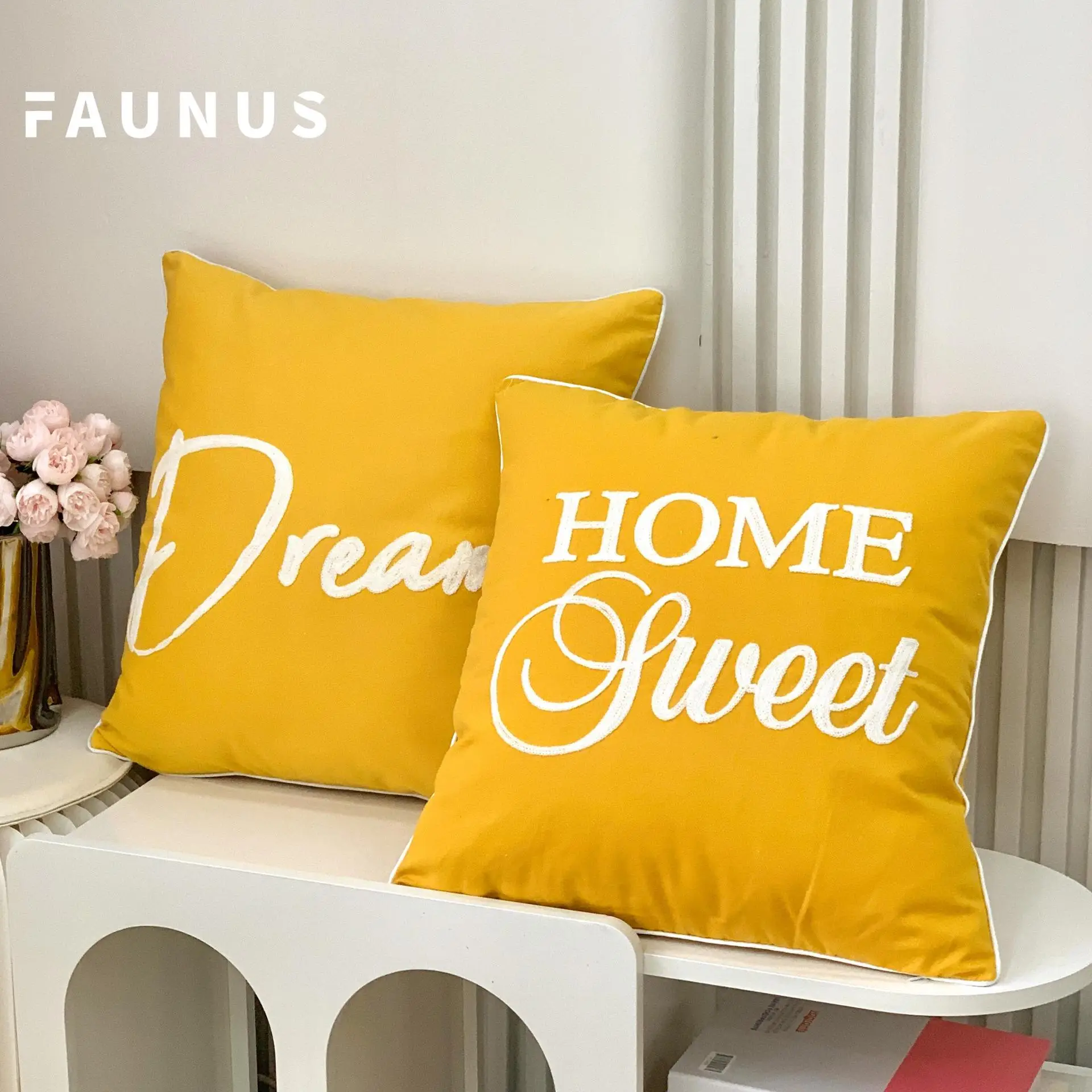 Scandinavian Letter Embroidered Pillow Set Yellow Blue β feature 14