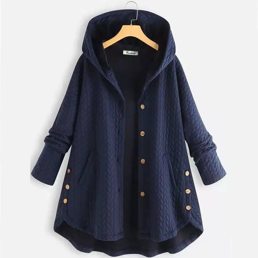Women's Hooded Cotton Jacket Navy Blue Mid Length - Image 6