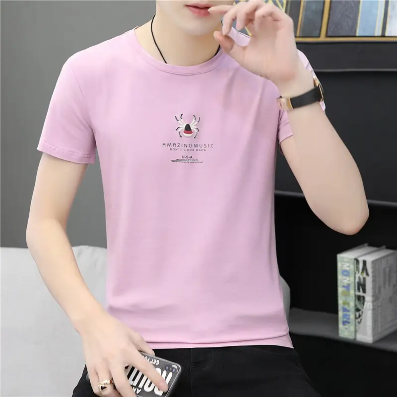 Men's Pink Cotton V-Neck T-Shirt Slim Fit - Image 23