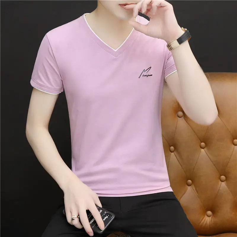 Men's Pink Cotton V-Neck T-Shirt Slim Fit - Image 10