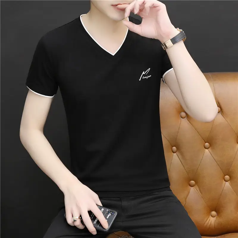 Men's Pink Cotton V-Neck T-Shirt Slim Fit - Image 11