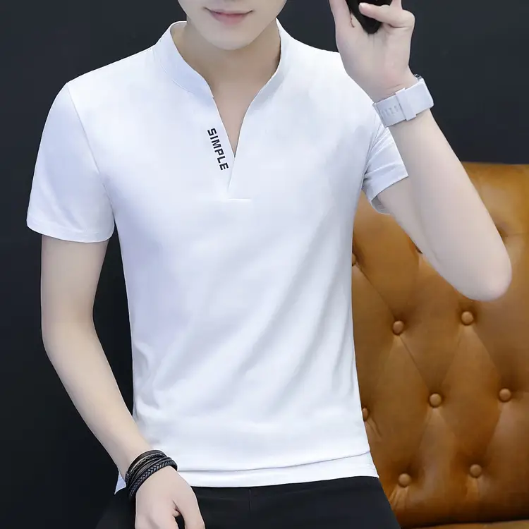 Men's Pink Cotton V-Neck T-Shirt Slim Fit - Image 19