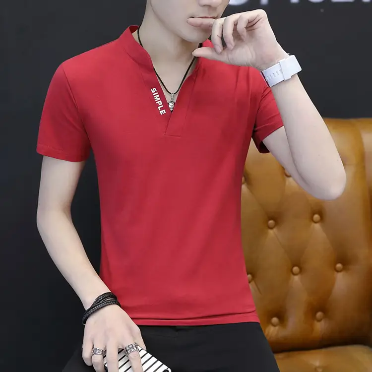 Men's Pink Cotton V-Neck T-Shirt Slim Fit - Image 22