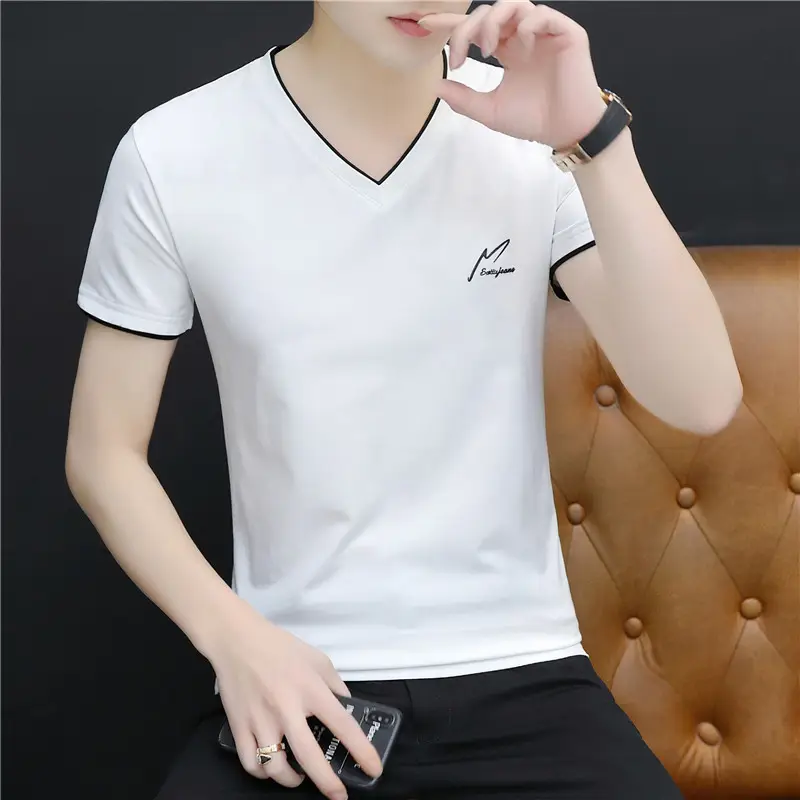 Men's Pink Cotton V-Neck T-Shirt Slim Fit - Image 9