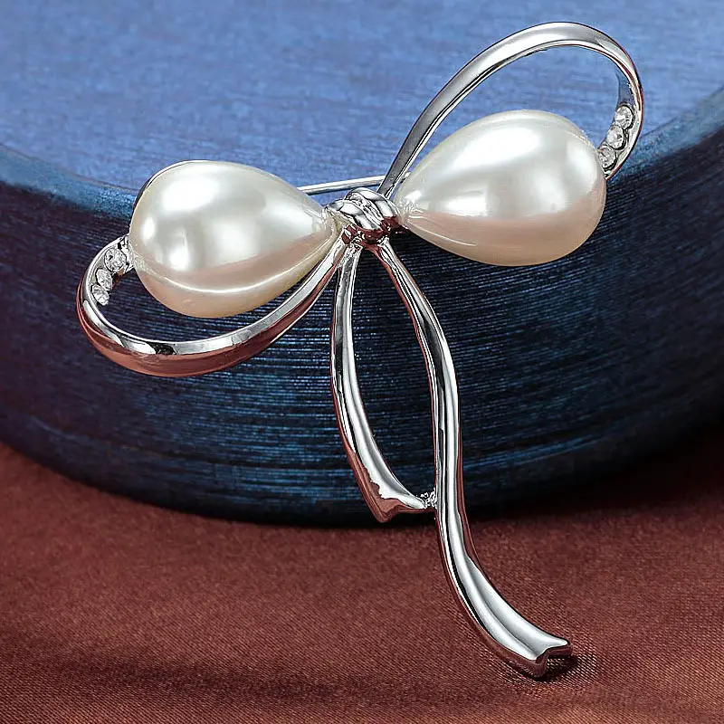 Pearl Bow Brooch for Women Navy Blue Shirt - Image 3
