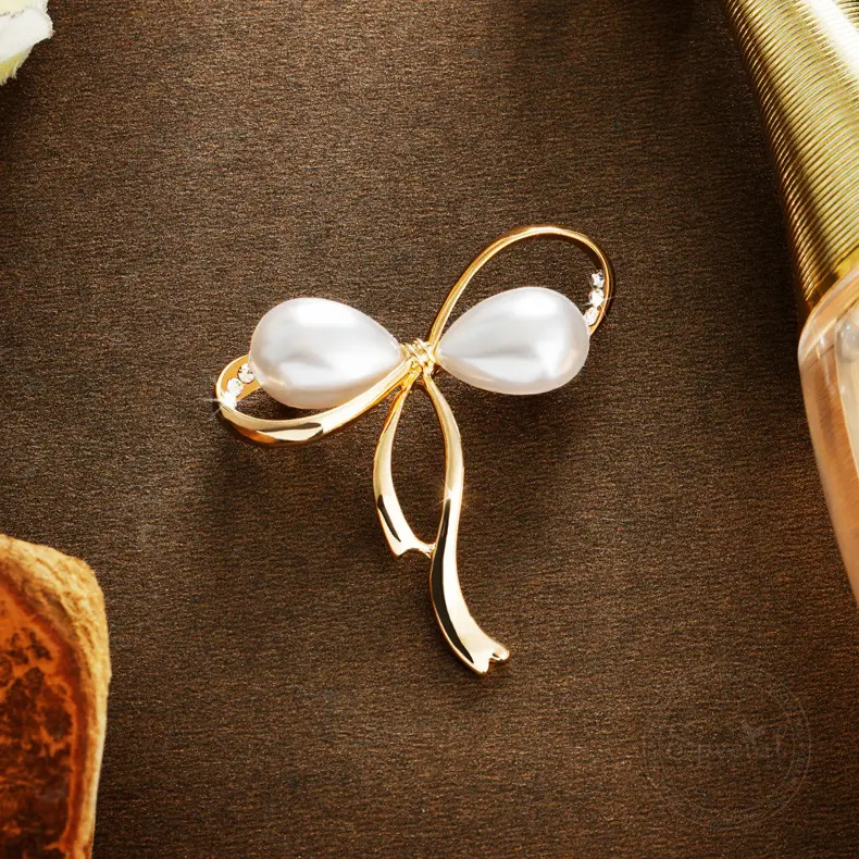 Pearl Bow Brooch for Women Navy Blue Shirt - Image 5