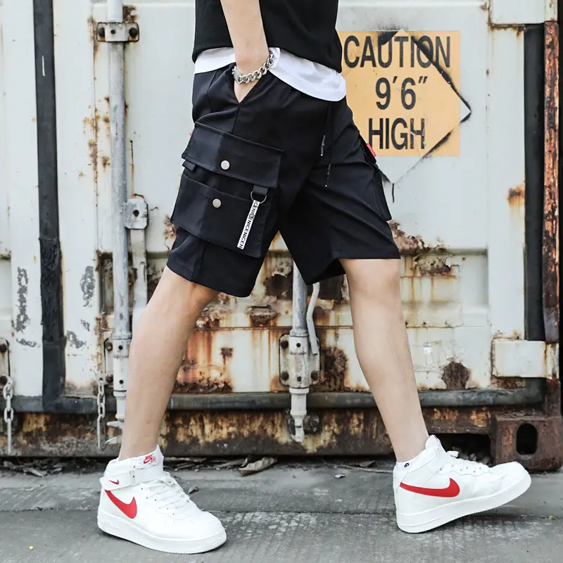 Men Olive Green Multi-Pocket Hip Hop Shorts