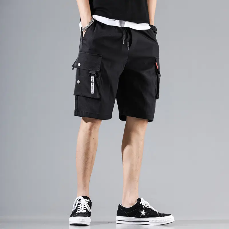 Men Olive Green Multi-Pocket Hip Hop Shorts