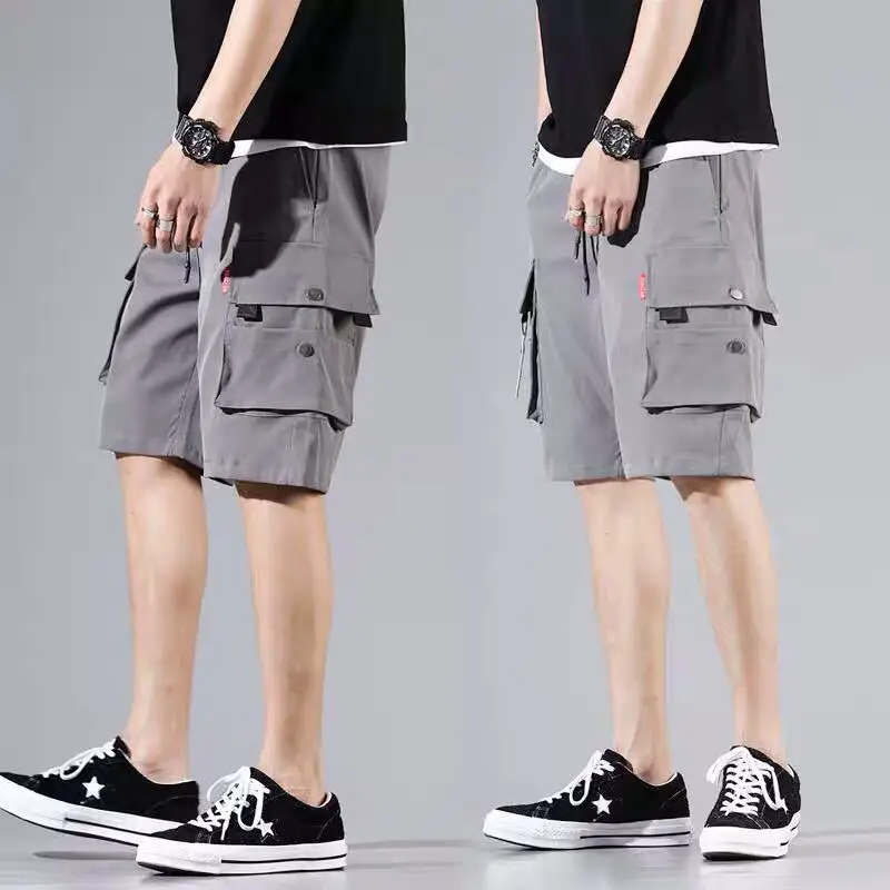 Men Olive Green Multi-Pocket Hip Hop Shorts