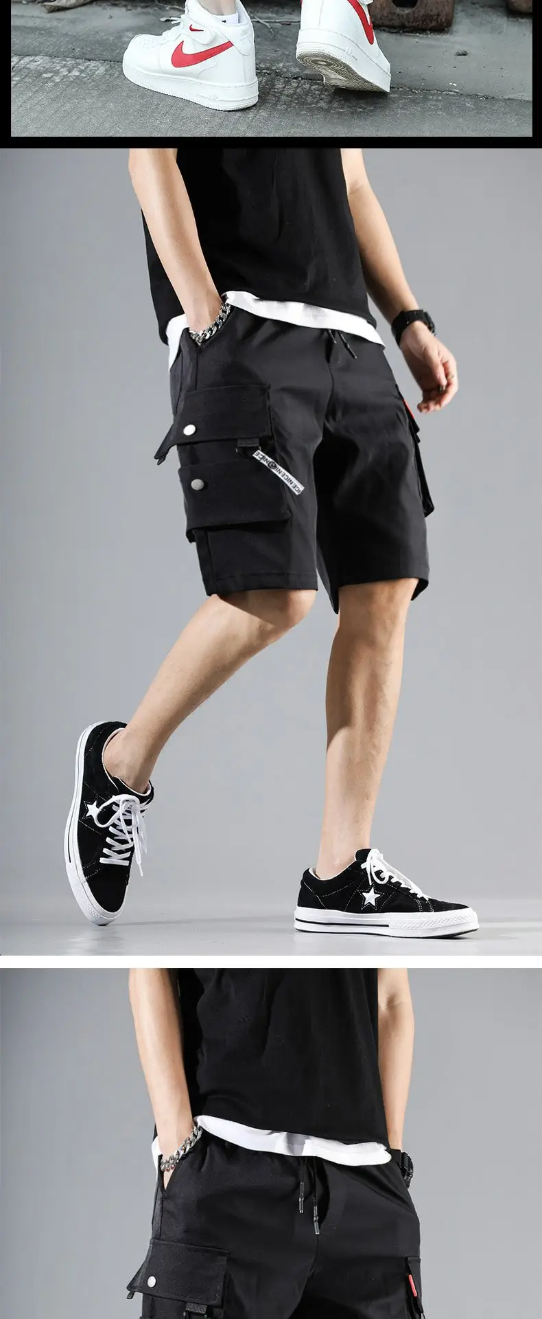 Men Olive Green Multi-Pocket Hip Hop Shorts — feature 6