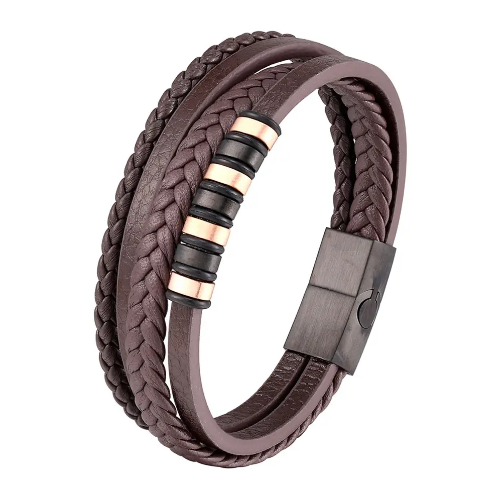 Men's Black Leather Woven Bracelet with Gold Plated Clasp - Image 4