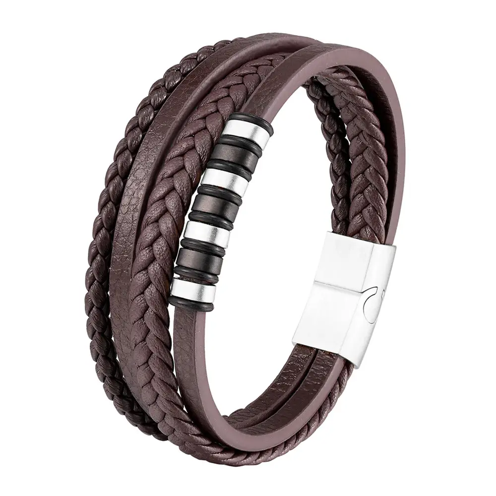 Men's Black Leather Woven Bracelet with Gold Plated Clasp - Image 5