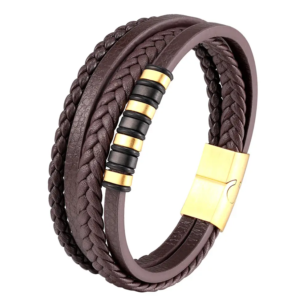 Men's Black Leather Woven Bracelet with Gold Plated Clasp - Image 6
