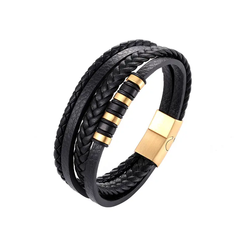 Men's Black Leather Woven Bracelet with Gold Plated Clasp - Image 3