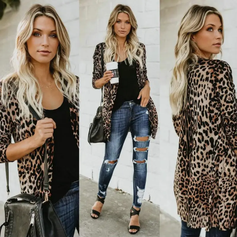Leopard Print Long Sleeve Trench Coat for Women Spring Autumn - Image 8
