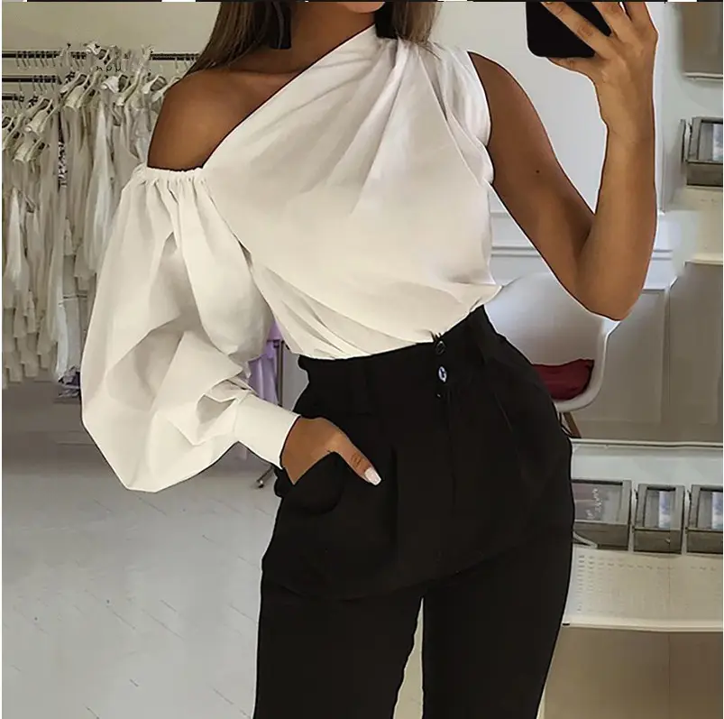 Asymmetrical One-Sleeve Women's Shirt Red Black - Image 7