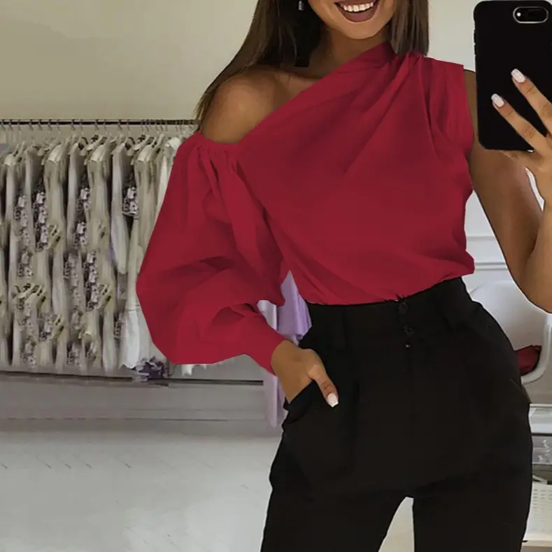 Asymmetrical One-Sleeve Women's Shirt Red Black - Image 8