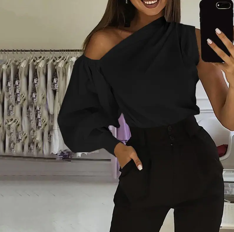 Asymmetrical One-Sleeve Women's Shirt Red Black - Image 9