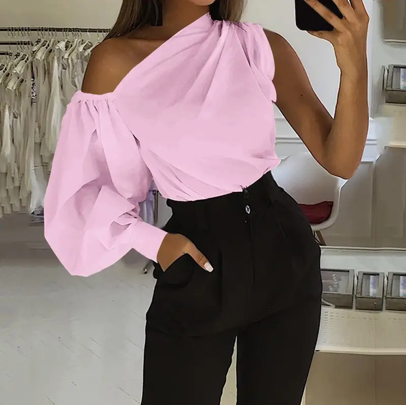 Asymmetrical One-Sleeve Women's Shirt Red Black - Image 3