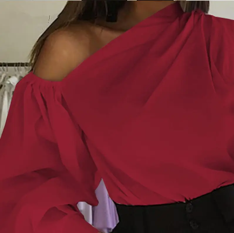 Asymmetrical One-Sleeve Women's Shirt Red Black - Image 5