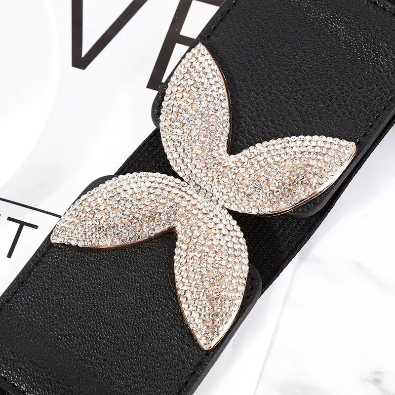Elastic Flower Belt for Women Black Sparkly