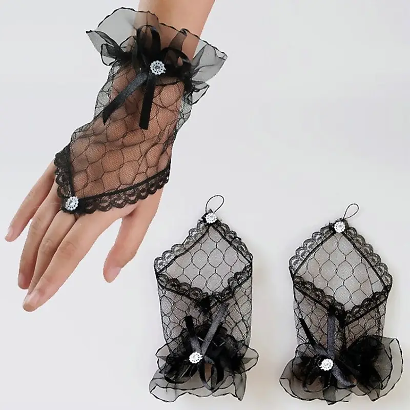 White Lace Short Hook Finger Gloves for Bridal Wedding Photography - Image 5