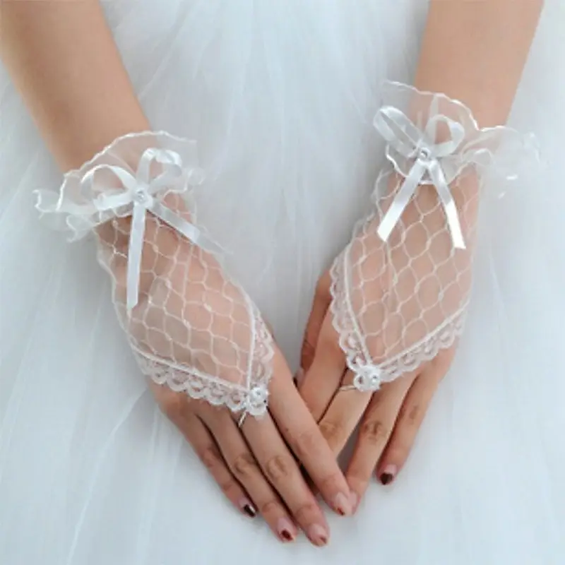 White Lace Short Hook Finger Gloves for Bridal Wedding Photography - Image 7