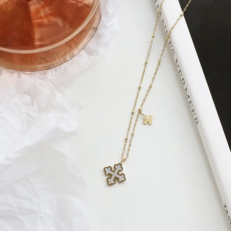XL371 Gold Cross Clavicle Necklace with Fritillary Design - Image 2