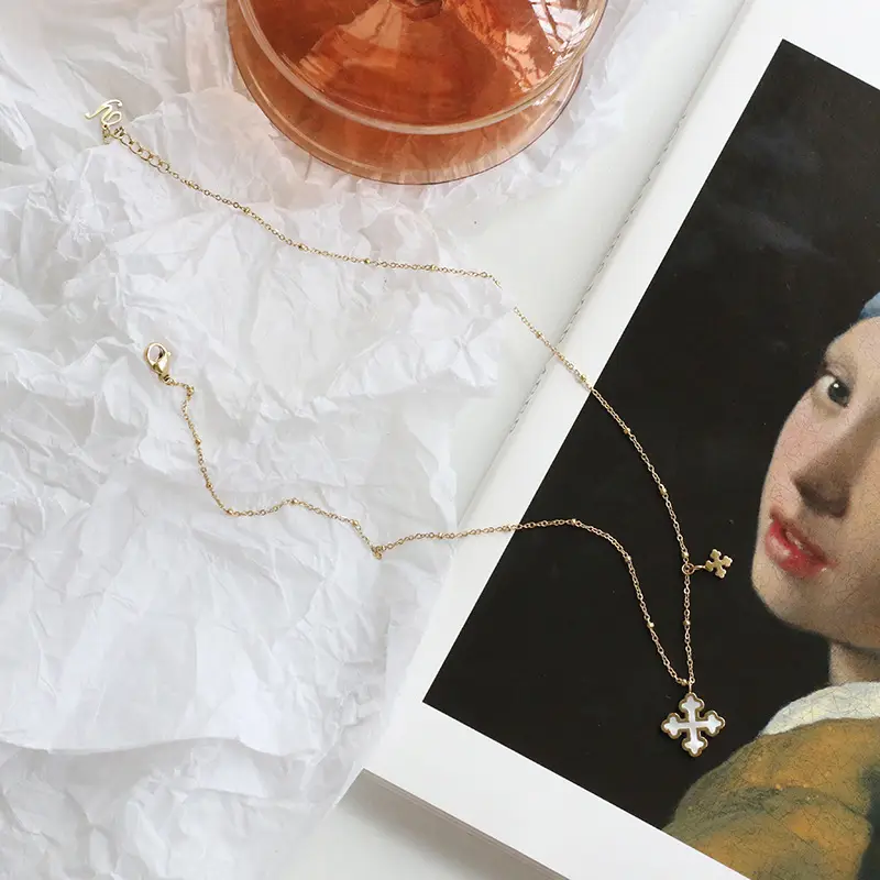 XL371 Gold Cross Clavicle Necklace with Fritillary Design - Image 3