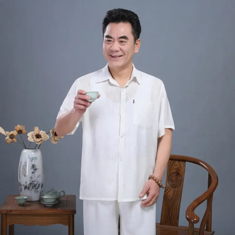 Men's New Linen Lapel Shirt Light Grey Short Sleeve - Image 8