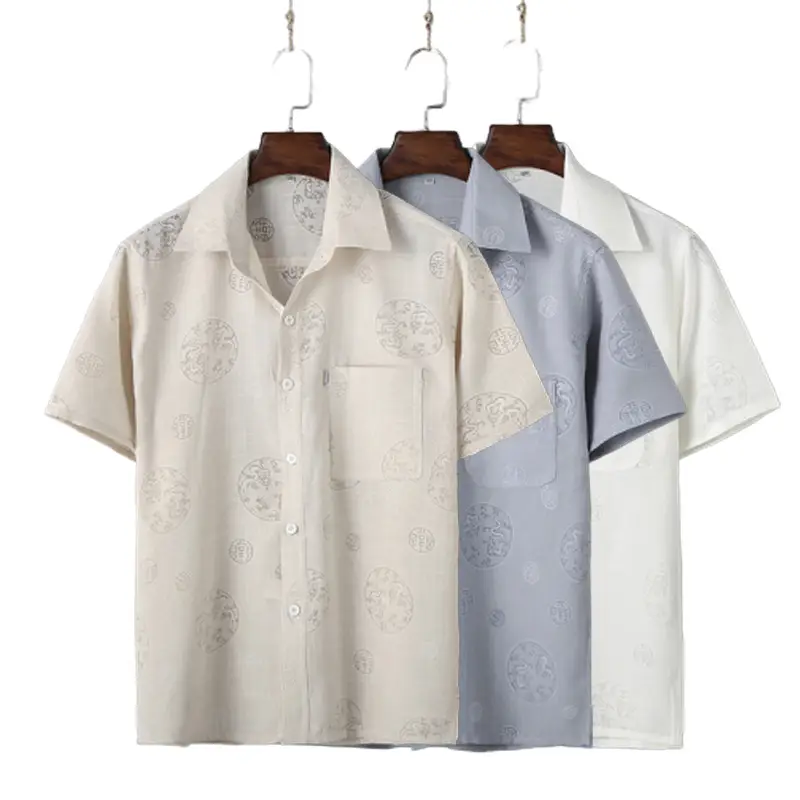 Men's New Linen Lapel Shirt Light Grey Short Sleeve - Image 11