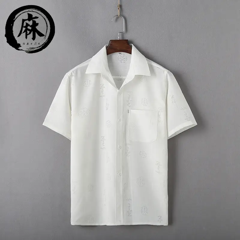 Men's New Linen Lapel Shirt Light Grey Short Sleeve - Image 2