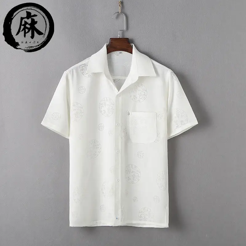 Men's New Linen Lapel Shirt Light Grey Short Sleeve - Image 5