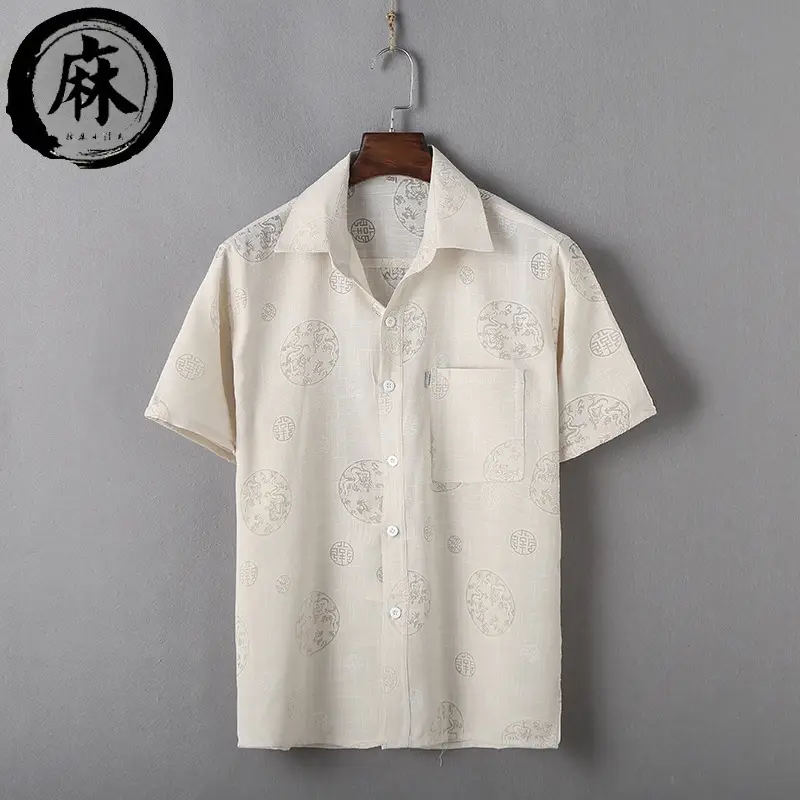 Men's New Linen Lapel Shirt Light Grey Short Sleeve - Image 6