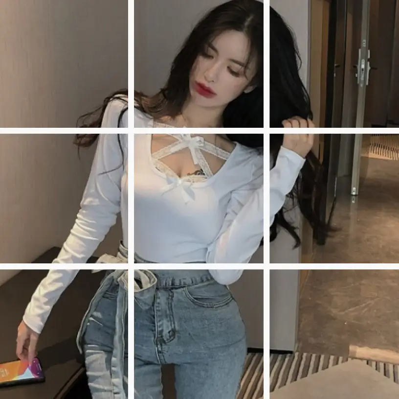Women Long Sleeve Lace Top Slim Fit White - Image 3